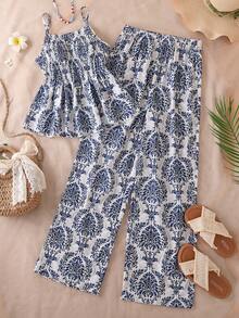 Sparklyn 两件套少女优雅休闲度假风印花吊带背心和直筒裤套装，图腾波西米亚图案，轻盈梭织面料，抽绳腰带设计，适合假日旅行和休闲穿着。 - 藍色 - 查看 3