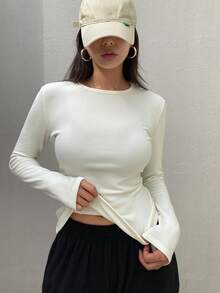 DAZY 女款純色圓領長袖休閒抓絨T恤校園風 - 白色 - 查看 3