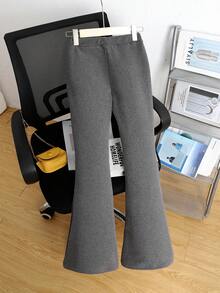 SHEIN Tween Girls' Casual Comfortable Mid-Waist Flared Thermal Lined Leggings, Autumn/Winter, Flare Sweat Pants, Teen Girl Pants, Gray Pants - Grey - View 2