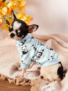 PETSIN 1件可爱熊猫法兰绒宠物服，加厚蓝色法兰绒保暖宠物服装 - 藍色 - 查看 6