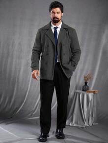 Manfinity CasualCool Men's Solid Color Lapel NeckLong Sleeve Double-Breasted Casual Wool Blend Jacket, Autumn/Winter - Dark Grey - View 3
