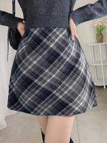 FRIFUL 女士格子H字短款休闲百搭半身裙，显瘦，秋冬款 - 灰色 - 查看 4