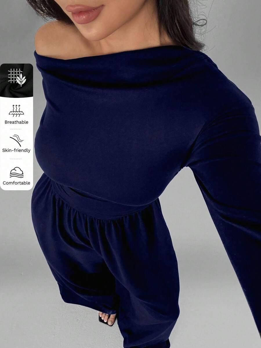 SHEIN MOOSTA Bộ đồ liền thân ống đứng rộng rãi xếp ly thoải mái cho nữ, có vai chéo và tay dài, phù hợp cho mùa xuân và mùa thu - Màu xanh hải quân - Xem 1