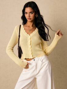 Poéselle Áo len cardigan dệt kim tay dài một hàng khuy cổ chữ V màu trơn dành cho nữ - Màu vàng - Xem 7