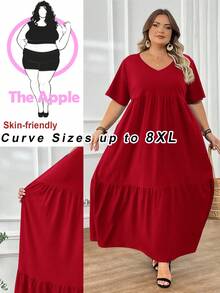 SHEIN CURVE+ 大码长款沙滩度假连衣裙 波西米亚风 夏季/乡村/沙滩度假装/沙滩装/沙滩服饰 - 紅色 - 查看 1