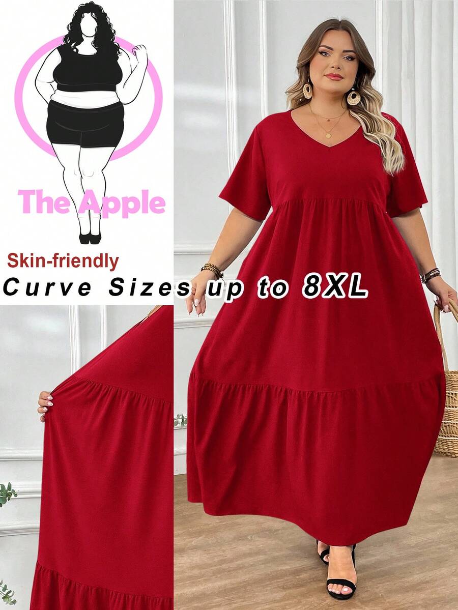 SHEIN CURVE+ 大码长款沙滩度假连衣裙 波西米亚风 夏季/乡村/沙滩度假装/沙滩装/沙滩服饰 - 紅色 - 查看 1
