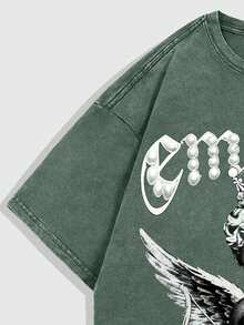 ROMWE MEN Street Life Herr-t-shirt med kort ärm och grafisk design i vintage-stil, tvättad med Corpse Bride-motiv - Grön - Visa 3