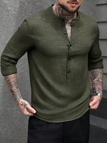 Manfinity CasualCool 男士白色竹编结亚麻质感圆领半开襟长袖套头衫，秋季款……男士休闲上衣 男士休闲长袖衬衫 男士亨利衫长袖衬衫 男士时尚上衣 - 軍綠色 - 查看 6