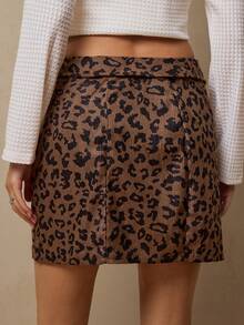 Freevana Minifalda de pana con cremallera para mujer, falda con estampado de leopardo, falda casual de estilo occidental para otoño/invierno - Multicolor - Ver 2