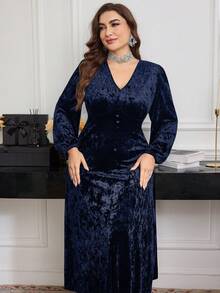Modelyn Plus Size Solid Color Velvet Long Sleeve Elegant Casual A-Line Knit Dress, Autumn/Winter - Navy Blue - View 5