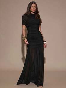SHEIN BAE Elegant Ruched Bodycon Dress,Black Sheer Mesh Maxi Dress For Party Night,Autumn Evening Gown,Formal Gathering,Cocktail Party & Date Dress - Black - View 5