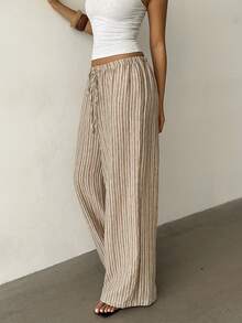 Aloruh Women's Casual Elastic Waist Tie Striped Linen Texture Loose Straight Wide Leg Pants - Multicolor - View 6