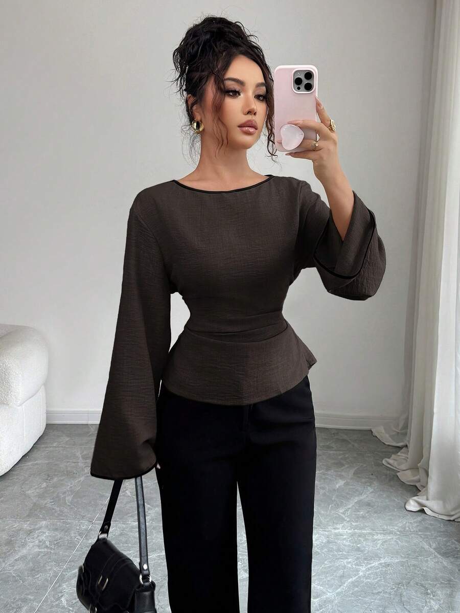 Siren Gaze 女士优雅后腰系带长袖衬衫，适合秋季通勤 - 棕色 - 查看 1