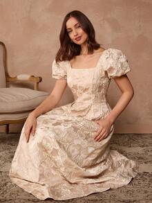 Enchnt Váy dự tiệc Maxi tay bồng cổ vuông chất liệu Jacquard thanh lịch, thắt eo cho nữ - Bụi hồng - Xem 3