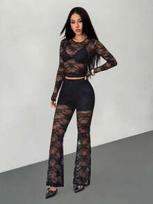 SHEIN PETITE 2pcs Women's Sexy Sheer Black Lace Top And Lace Pants Set, Stylish Design, Spring/Summer - Black - View 4