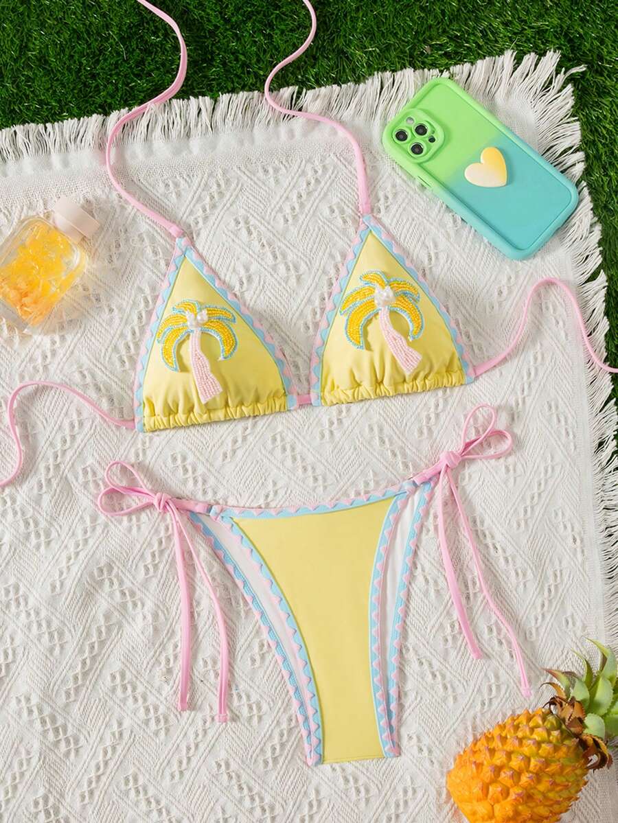 SHEIN Swim 女士挂脖比基尼泳衣,珍珠棕榈树装饰,适合海滩、度假和约会,春夏款 - 黃色 - 查看 1
