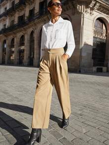 Maija 2025 Summer New Arrival Women's Casual Lightweight Khaki Color Pants, Fashion Adjustable Metal Buckle Waist Pleated Design Straight Leg, Suitable For Music Festival, Beach Vacation, Daily Casual, Romantic Urban Retreat, Wedding Guest, Graduation Romantic, Fashion, Versatile; Suitable For Summer Vacation In Fall/Winter - Coffee Brown - View 5