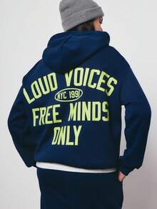 SURIMA 2pcs/Set Casual Navy Blue Minimalist Pattern Hooded Long Sleeve Loose Fit Women Outfit, Suitable For Spring/Autumn - Navy Blue - View 2