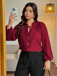 Vionelle Elegant Plus Size Burgundy Tie Neck Woven Fabric Raglan Extra-Long Sleeve Blouse Top - Burgundy - View 5