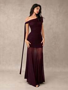 SHEIN Tall 酒红色斜肩褶皱伞裙长连衣裙，优雅大方，适合节日、婚礼、生日、毕业季等场合。 - 酒紅色 - 查看 16