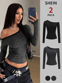 StreetHx 2pcs Asymmetric-Shoulder Long Sleeve T-Shirt, Punk Rock Striped Black - Multicolor - View 1