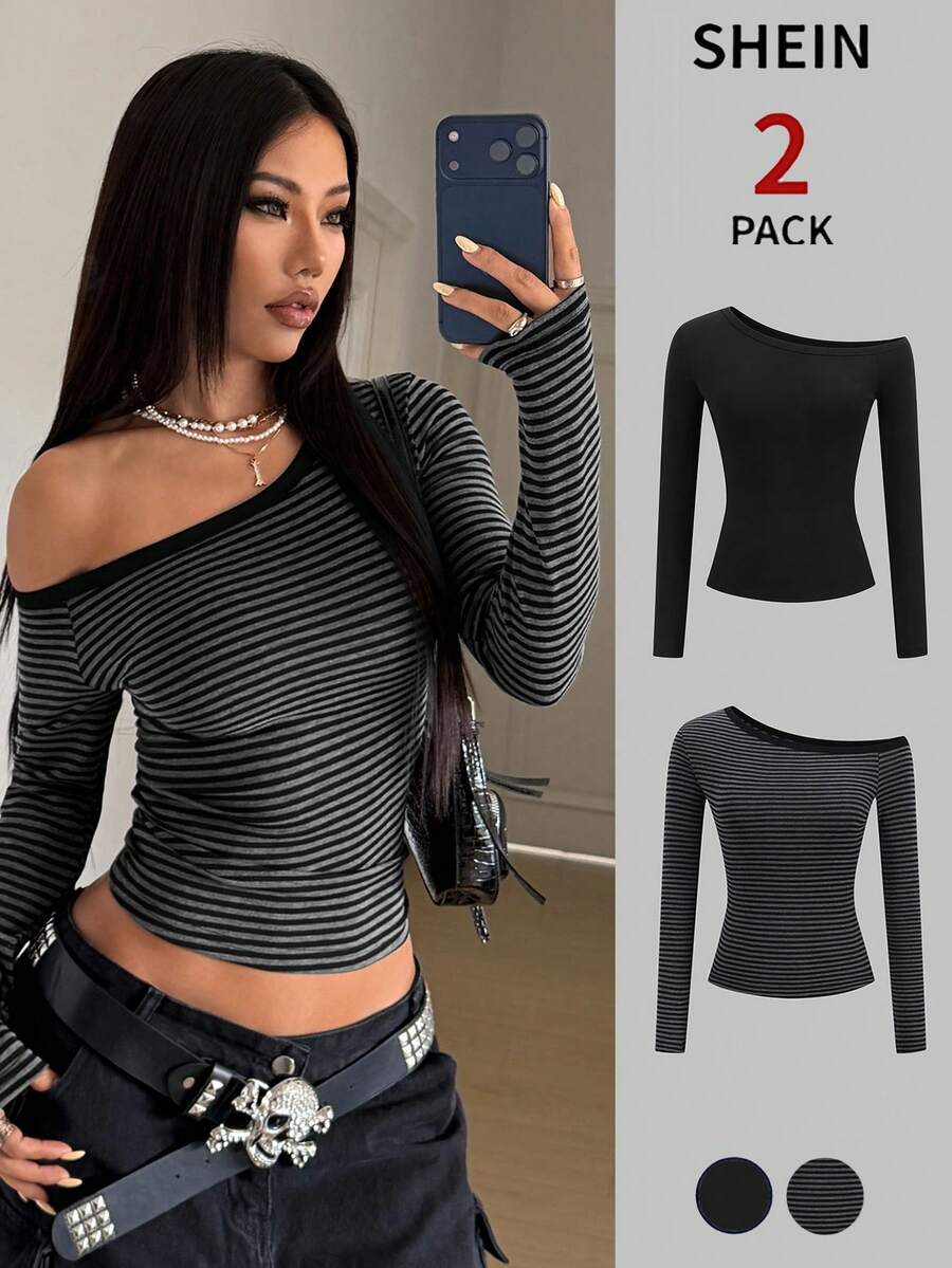 StreetHx 2pcs Asymmetric-Shoulder Long Sleeve T-Shirt, Punk Rock Striped Black - Multicolor - View 1