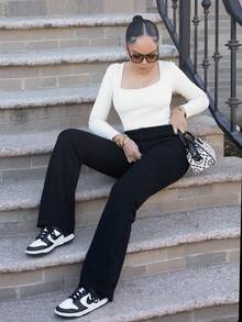 Melissa Matos Ensemble pantalon maxi évasé et pull avec taille serrée noire pour jeunes femmes, convient pour le travail, la maison et les sorties - Noir - Voir 5