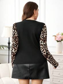 SHEIN Clasi Plus Size Solid & Leopard Print Patchwork Turtleneck Long Sleeve T-Shirt, Fall Going Out Top - Black - View 2
