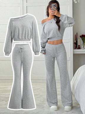2pcs/Set Teen Girls Grey Asymmetrical Shoulder Hoodie And Flared Sweatpants Co-Ord Set