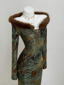 Elamini 女士优雅长袖连衣裙，适合派对、休闲穿着，植绒面料，带毛领，秋冬 - 彩色 - 查看 1