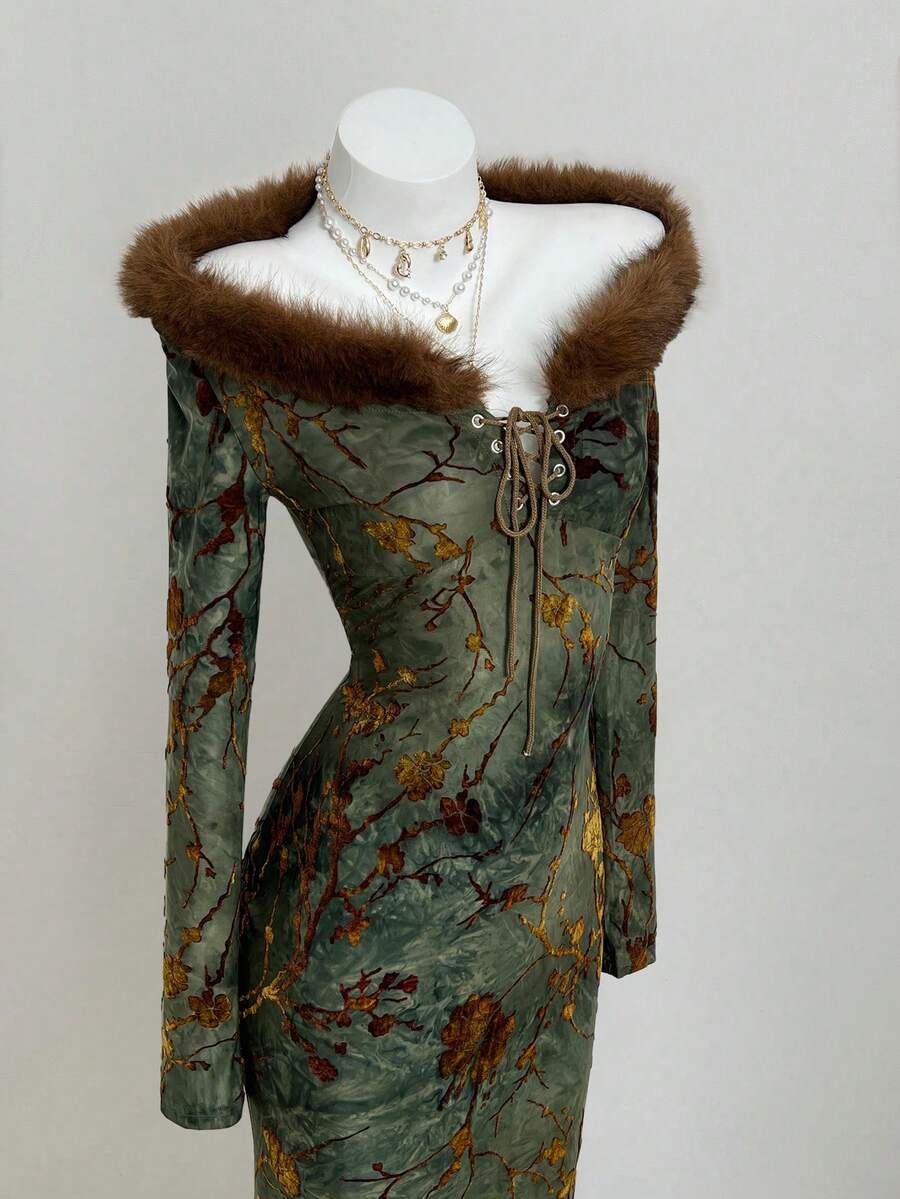 Elamini 女士优雅长袖连衣裙，适合派对、休闲穿着，植绒面料，带毛领，秋冬 - 彩色 - 查看 1