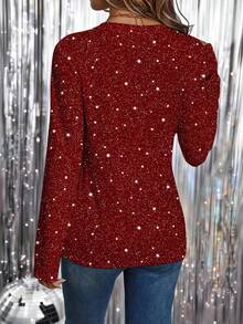 EMERY ROSE Women's V-Neck Long Sleeve T-Shirt, Casual & Minimalist, Suitable For Autumn/Winter 3D Printing Patterns Glitter Long Sleeve Top Sparkle Top Glitter Top Women Spring - Multicolor - View 2