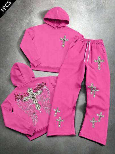 PAVTROS Set da 2 pezzi composto da felpa con cappuccio e pantaloni a zampa d'elefante con ali d'angelo, adatto per uomo in autunno/inverno