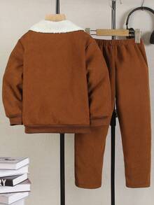 Genkimix Kids 两件套男童时尚套装，包括一件保暖内衬开衫外套和一条松紧腰长裤，适合正式场合、学校、假期和日常穿着。 - 棕色 - 查看 2