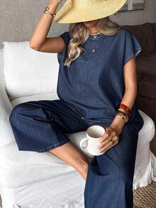 EMERY ROSE Women's Round Neck Short Sleeve Loose Fashion Casual Denim Set, Summer,Valentine's Day,Summer,Carnival,Beach,Party,Elegant Party Dress,Going Out - Blue - View 6