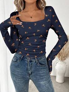 SHEIN LUNE 女士休闲长袖T恤，适合作为秋冬季内搭 - 藏蓝色 - 查看 5