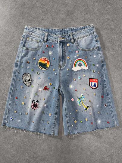 ROMWE MEN Men's Rhinestone Decor & Patch Pocket Casual Denim Shorts