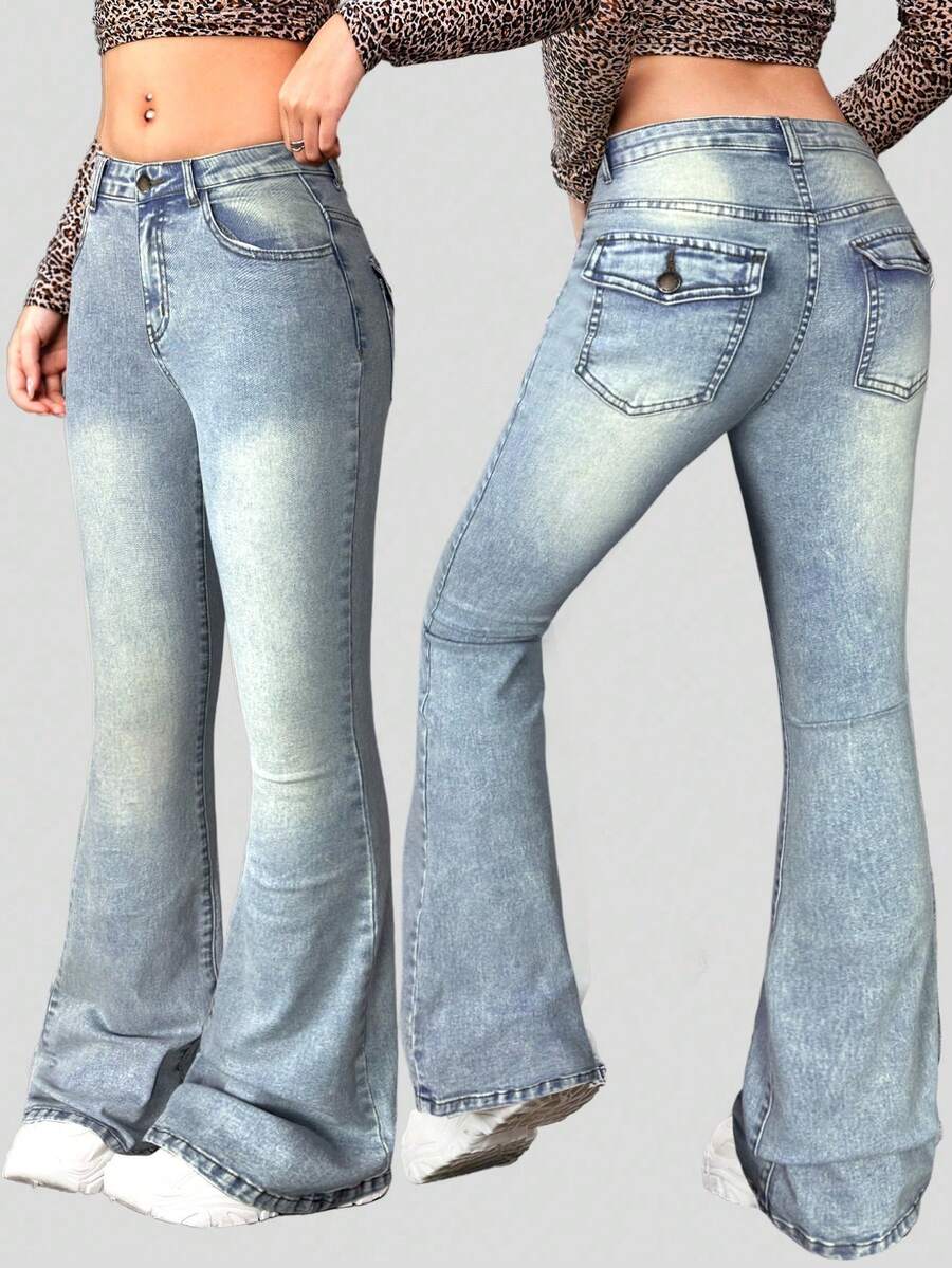 SHEIN Teen GirlRetro Blue Denim Flare Jeans - Light Wash - View 1