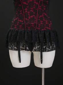 SHEIN 大码复古美女海报系列蕾丝拼布钢圈内衣套装（含丁字裤） - 黑色 - 查看 5