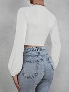 SHEIN Cottnline Casual Solid Color Lantern Sleeve Cropped Shirt, Autumn - White - View 2