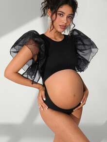 Cheriluna Maternity 孕妇摄影连衣裙，荷叶边袖，双层欧根纱，圆领，修身前襟带腹部镂空设计 - 黑色 - 查看 1