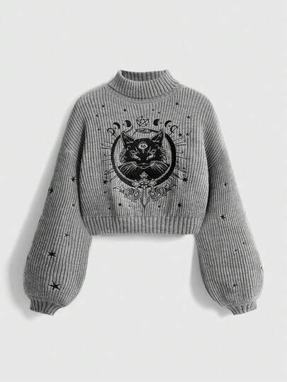 Goth Hochkragiger, dunkel-gotischer, schwarzer, mysteriöser Pullover mit Katzen-Stickerei