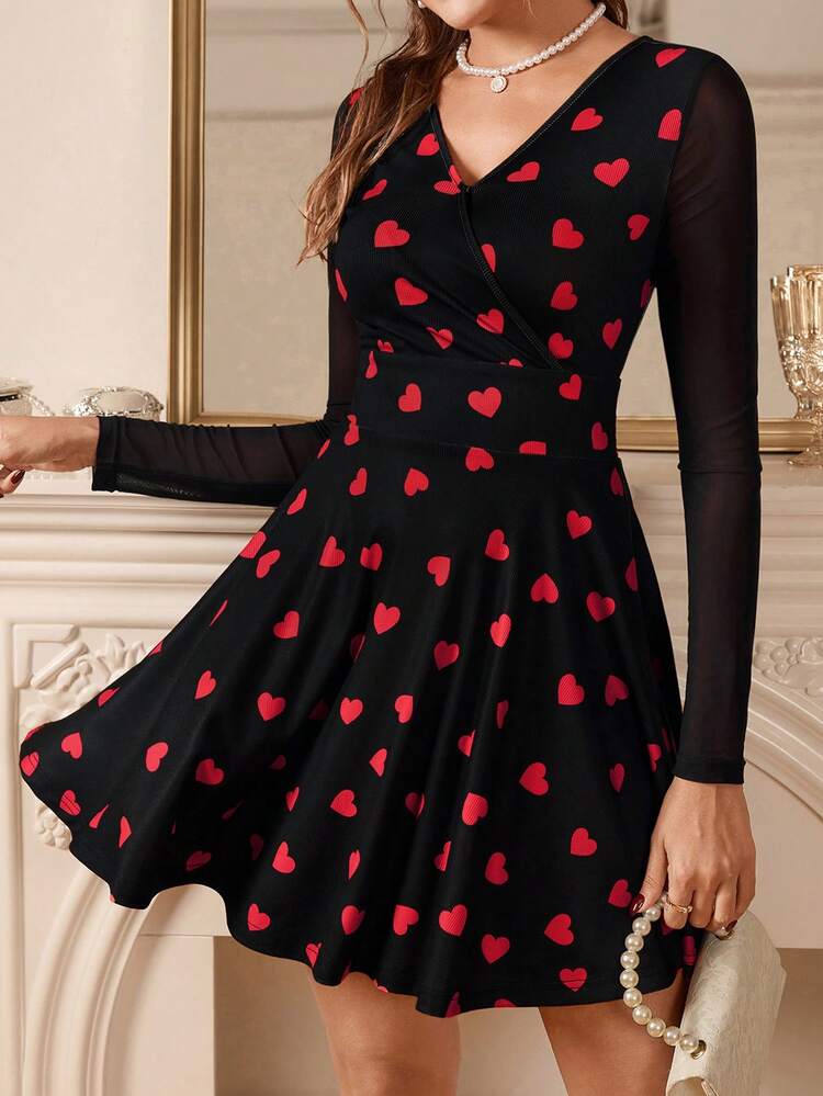 Amorya Black And Red Women's Autumn Cute Party Sleeve Mesh Patchwork Overlap V-Neck Fit And Flare Dress,Valentine's Day Long Sleeve Dresses Hides Belly