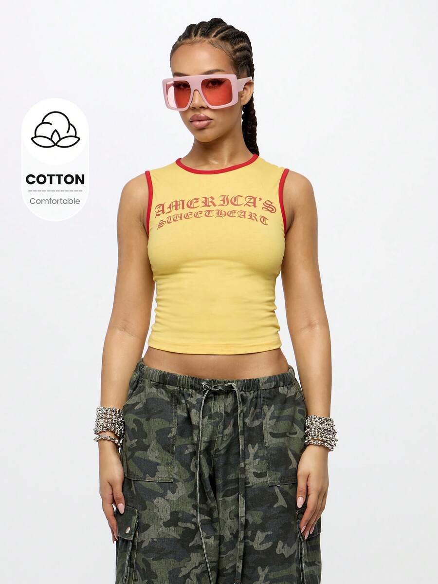 SUMWON WOMEN Áo ba lỗ Sweetheart không tay mùa hè Y2K thời trang thể thao thể thao tập luyện phòng tập thể dục thường ngày trang phục đường phố lễ hội đô thị phong cách varsity - Màu vàng - Xem 1