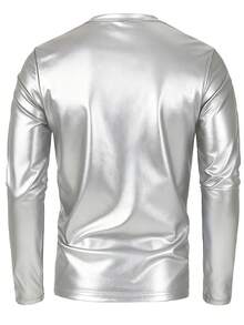 Manfinity Roughcore 男士V领纯色休闲百搭通勤长袖T恤 V领男士衬衫 缎面男士衬衫 银色衬衫 男士性感上衣 男士水钻长袖衬衫 - 銀色 - 查看 2