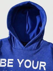 ROMWE MEN Men's Slogan Graphic Pocket Casual Pullover Hoodie, Versatile For Autumn/Winter - Blue - View 3