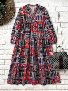 SHEIN Franclia Women's Casual Print Loose Deep V-Neck Long Sleeve Dress Boho Dress Women