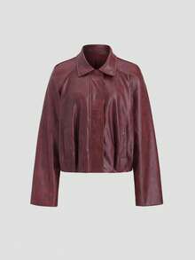 SHEIN TRNDY Women's Retro Lapel PU Leather Jacket, Casual Commuter Coat For Autumn/Winter - Burgundy - View 3
