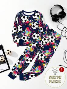 男童夜光足球印花睡衣套装，包括圆领印花上衣和松紧腰紧身裤，舒适睡衣 - 藏蓝色 - 查看 4