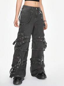 ROMWE Grunge Punk Casual Street Punk Ribbon Metal Webbing Decor Women's Wide Leg Denim Pants - Yellow - View 5